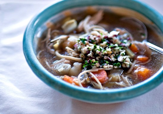 Chicken, Endive and Root Vegetable Soup with Endive Parsley Pesto