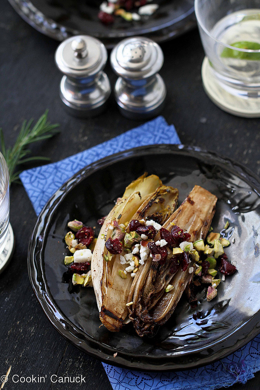 Grilled Endive with Pistachios, Dried Cherries and Feta Cheese