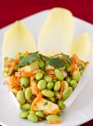 Edamame with Miso Dressing on Endive Leaves